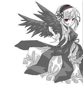 Rating: Safe Score: 0 Tags: 1girl dress flower frilled_sleeves frills hairband image long_hair long_sleeves looking_at_viewer monochrome red_eyes ribbon rose simple_background solo suigintou white_background wings User: admin