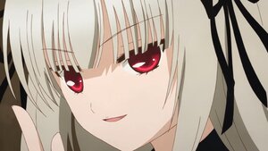 Rating: Safe Score: 0 Tags: 1girl bangs close-up eyebrows_visible_through_hair face image looking_at_viewer open_mouth red_eyes ribbon simple_background smile solo suigintou User: admin