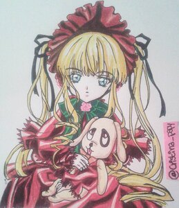 Rating: Safe Score: 0 Tags: 1girl bangs blonde_hair blue_eyes bonnet bow bowtie dress drill_hair flower green_bow holding image long_hair long_sleeves looking_at_viewer marker_(medium) red_dress rose shinku sidelocks simple_background solo traditional_media twintails User: admin