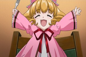 Rating: Safe Score: 0 Tags: 1girl :d blonde_hair bow closed_eyes dress drill_hair hina_ichigo hinaichigo image indoors long_sleeves open_mouth outstretched_arms pink_bow smile solo table User: admin
