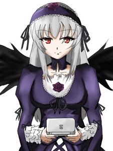 Rating: Safe Score: 0 Tags: 1girl black_wings detached_collar dress flower frills hairband holding image juliet_sleeves long_hair long_sleeves looking_at_viewer red_eyes rose silver_hair simple_background solo suigintou upper_body white_background wings User: admin