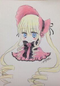 Rating: Safe Score: 0 Tags: 1girl artist_name bangs black_ribbon blonde_hair blue_eyes blush bow bowtie capelet closed_mouth dated dress eyebrows_visible_through_hair flower grey_background image long_hair looking_at_viewer photo pink_flower pink_rose rose shinku signature simple_background smile solo traditional_media watercolor_(medium) User: admin