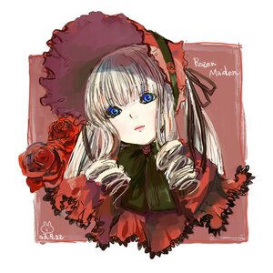 Rating: Safe Score: 0 Tags: 1girl blonde_hair blue_eyes bonnet bow bowtie closed_mouth drill_hair flower green_bow hat image long_hair looking_at_viewer portrait red_flower red_rose rose shinku silver_hair solo User: admin