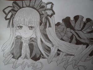 Rating: Safe Score: 0 Tags: 1girl auto_tagged blush chin_rest closed_mouth dress frills greyscale hairband hands_on_own_cheeks hands_on_own_face image lolita_fashion long_hair long_sleeves looking_at_viewer monochrome ribbon shinku smile solo traditional_media User: admin