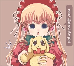 Rating: Safe Score: 0 Tags: 1girl :o blonde_hair blue_eyes blush bonnet bow dress holding image long_hair long_sleeves looking_at_viewer open_mouth red_dress shinku sidelocks solo twintails upper_body User: admin