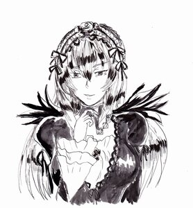 Rating: Safe Score: 0 Tags: 1girl closed_mouth eyebrows_visible_through_hair greyscale image long_sleeves looking_at_viewer monochrome rem_(re:zero) ribbon short_hair solo striped suigintou traditional_media upper_body User: admin