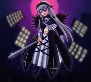 Rating: Safe Score: 0 Tags: 1girl black_dress building city cross dress floating frills full_body full_moon hairband holding holding_weapon image long_hair long_sleeves looking_at_viewer moon night pink_eyes silver_hair solo suigintou sword weapon wings User: admin