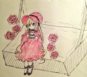 Rating: Safe Score: 0 Tags: 1girl blonde_hair blue_eyes bonnet bow dress flower image lolita_fashion long_hair looking_at_viewer pink_flower pink_rose red_flower red_rose rose shinku solo traditional_media very_long_hair User: admin