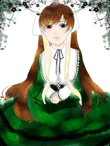 Rating: Safe Score: 0 Tags: 1girl brown_hair dress green_dress green_eyes heterochromia image long_hair long_sleeves looking_at_viewer red_eyes solo suiseiseki very_long_hair User: admin