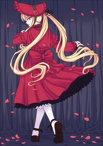 Rating: Safe Score: 0 Tags: 1girl absurdres blonde_hair blue_eyes bonnet bow capelet cherry_blossoms commentary_request curtains dress flower hat highres image long_hair long_sleeves looking_back orebalgum pantyhose petals rose_petals rozen_maiden shinku shoes smile solo twintails very_long_hair white_legwear User: admin