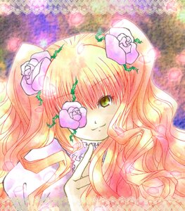 Rating: Safe Score: 0 Tags: 1girl blonde_hair flower green_eyes hair_flower hair_ornament image kirakishou long_hair rose smile solo User: admin