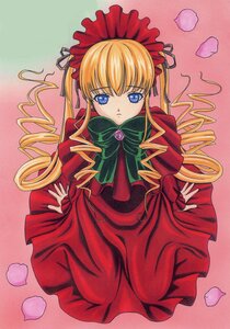 Rating: Safe Score: 0 Tags: 1girl blonde_hair blue_eyes bonnet bow bowtie dress drill_hair flower full_body green_bow green_neckwear image long_hair long_sleeves looking_at_viewer petals pink_flower red_dress rose shinku sitting solo twintails User: admin