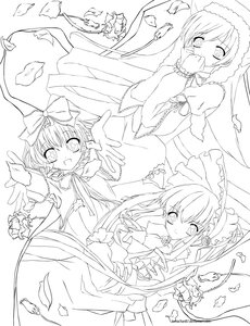 Rating: Safe Score: 0 Tags: 3girls blush bow dress feathers frills greyscale hat image lineart long_hair long_sleeves looking_at_viewer monochrome multiple multiple_girls outstretched_arm smile tagme User: admin