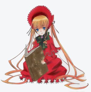 Rating: Safe Score: 0 Tags: 1girl blonde_hair blue_eyes bonnet book bow bowtie capelet dress full_body green_bow image long_hair long_sleeves looking_at_viewer red_dress shinku sidelocks simple_background sitting solo twintails very_long_hair User: admin