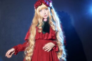 Rating: Safe Score: 0 Tags: 1girl bangs blonde_hair blue_background blue_eyes dress flower lips long_hair long_sleeves looking_at_viewer red_dress rose shinku solo very_long_hair User: admin