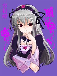 Rating: Safe Score: 0 Tags: 1girl black_ribbon detached_collar dress flower frills hairband image juliet_sleeves long_hair long_sleeves looking_at_viewer pink_eyes puffy_sleeves purple_background ribbon rose silver_hair simple_background smile solo suigintou upper_body User: admin