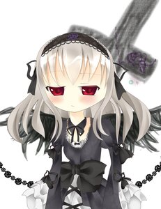 Rating: Safe Score: 0 Tags: 1girl black_dress black_ribbon black_wings blush dress flower frills hairband image long_hair long_sleeves looking_at_viewer puffy_sleeves red_eyes ribbon rose silver_hair solo striped suigintou white_background wings User: admin