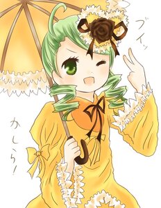 Rating: Safe Score: 0 Tags: 1girl ahoge blush dress drill_hair flower frills green_eyes green_hair holding_umbrella image kanaria long_sleeves one_eye_closed open_mouth parasol rose smile solo twin_drills umbrella white_background User: admin