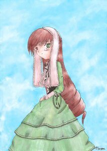 Rating: Safe Score: 0 Tags: 1girl blue_background dress frills green_dress green_eyes heterochromia image long_hair long_sleeves looking_at_viewer red_eyes simple_background solo standing suiseiseki very_long_hair User: admin