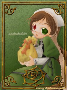 Rating: Safe Score: 0 Tags: 1girl brown_hair dress food frills green_background green_dress green_eyes hat head_scarf heterochromia holding image long_sleeves looking_at_viewer red_eyes simple_background solo suiseiseki User: admin