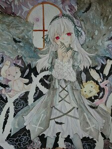 Rating: Safe Score: 0 Tags: 1girl black_flower black_rose black_wings dress feathers flower frills hairband image lolita_hairband long_hair long_sleeves looking_at_viewer red_eyes rose solo suigintou traditional_media watercolor_(medium) wings User: admin