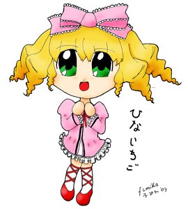 Rating: Safe Score: 0 Tags: 1girl :d blonde_hair bow chibi dress drill_hair frills full_body green_eyes hina_ichigo hinaichigo image long_sleeves looking_at_viewer open_mouth pink_bow pink_dress red_footwear simple_background smile solo standing white_background User: admin