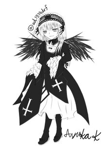 Rating: Safe Score: 0 Tags: 1girl boots dress frilled_sleeves frills full_body greyscale hairband image long_hair long_sleeves looking_at_viewer monochrome simple_background smile solo standing suigintou white_background wide_sleeves wings User: admin