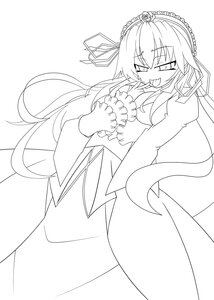 Rating: Safe Score: 0 Tags: 1girl breasts dress eyebrows_visible_through_hair greyscale image lineart long_hair long_sleeves monochrome open_mouth smile solo striped suigintou very_long_hair User: admin