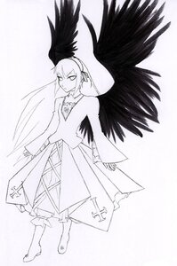 Rating: Safe Score: 0 Tags: 1girl black_wings feathered_wings feathers full_body greyscale image long_hair long_sleeves looking_at_viewer monochrome reiuji_utsuho skirt solo suigintou wings User: admin