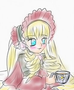 Rating: Safe Score: 0 Tags: 1girl bangs blonde_hair blue_eyes blush bonnet bow cup image long_hair long_sleeves looking_at_viewer looking_back red_dress shinku simple_background solo teacup upper_body User: admin