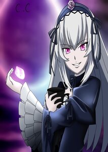 Rating: Safe Score: 3 Tags: 1girl dress flower frilled_sleeves frills grin hairband image long_hair long_sleeves looking_at_viewer pink_eyes purple_rose rose silver_hair smile solo suigintou wings User: admin