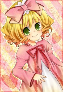 Rating: Safe Score: 0 Tags: 1girl blonde_hair bow dress green_eyes hair_bow heart hina_ichigo hinaichigo image long_sleeves looking_at_viewer pink_bow pink_dress ribbon short_hair smile solo User: admin