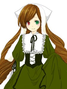 Rating: Safe Score: 0 Tags: 1girl black_ribbon blush brown_hair dress frills green_dress green_eyes head_scarf heterochromia image long_hair long_sleeves looking_at_viewer red_eyes simple_background smile solo standing suiseiseki very_long_hair white_background User: admin