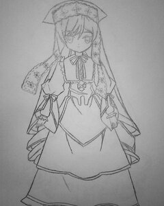 Rating: Safe Score: 0 Tags: 1girl animal_ears apron bangs closed_mouth dress eyebrows_visible_through_hair greyscale image long_hair long_sleeves monochrome solo suiseiseki traditional_media very_long_hair User: admin