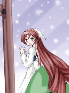 Rating: Safe Score: 0 Tags: 1girl :d brown_hair dress green_eyes head_scarf heterochromia image long_hair long_sleeves looking_at_viewer looking_back open_mouth outdoors red_eyes solo standing suiseiseki very_long_hair User: admin