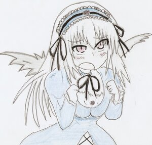 Rating: Safe Score: 0 Tags: 1girl black_wings blush feathered_wings feathers hairband image long_hair long_sleeves looking_at_viewer monochrome open_mouth ribbon solo suigintou traditional_media wings User: admin