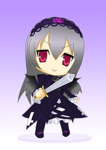 Rating: Safe Score: 0 Tags: 1girl chibi dress flower frills full_body gothic_lolita gradient gradient_background hairband image lolita_fashion long_hair long_sleeves looking_at_viewer purple_background rose solo standing suigintou weapon User: admin