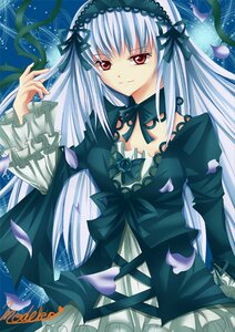 Rating: Safe Score: 0 Tags: 1girl detached_collar dress flower frills hairband image lolita_hairband long_hair long_sleeves petals red_eyes ribbon rose silver_hair smile solo suigintou User: admin