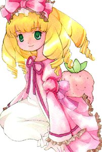 Rating: Safe Score: 0 Tags: 1girl blonde_hair bow dress drill_hair frills green_eyes hair_bow hina_ichigo hinaichigo image long_sleeves looking_at_viewer pink_bow pink_dress simple_background smile solo traditional_media twin_drills white_background User: admin