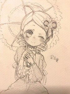 Rating: Safe Score: 0 Tags: 1girl dress drill_hair flower hair_ornament image kanaria long_sleeves looking_at_viewer monochrome one_eye_closed smile solo traditional_media twin_drills User: admin