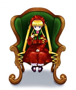 Rating: Safe Score: 0 Tags: 1girl armchair blonde_hair blue_eyes bonnet bow bowtie chair cup dress flower full_body image long_hair long_sleeves looking_at_viewer pink_rose red_dress rose shinku shoes sidelocks sitting solo teacup white_background User: admin