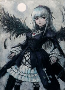 Rating: Safe Score: 0 Tags: 1girl bad_id bad_pixiv_id black_wings dress flower frills full_moon hairband highres image long_hair long_sleeves looking_at_viewer moon oil_painting_(medium) painting_(medium) purple_eyes red_eyes rose rozen_maiden silver_hair solo suigintou tafuto traditional_media wings User: admin
