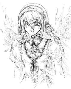 Rating: Safe Score: 0 Tags: 1girl angel_wings dress feathered_wings greyscale hair_over_one_eye hairband image long_sleeves looking_at_viewer monochrome puffy_sleeves ribbon solo suigintou upper_body wings User: admin