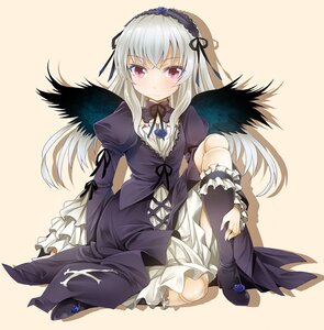 Rating: Safe Score: 0 Tags: 1girl black_wings blush boots dress frills hairband image juliet_sleeves knee_boots long_hair long_sleeves looking_at_viewer pink_eyes puffy_sleeves silver_hair sitting solo suigintou wings User: admin