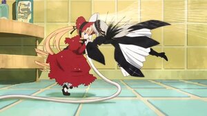 Rating: Safe Score: 0 Tags: 1girl blonde_hair blue_eyes bonnet dress drill_hair hat image long_hair long_sleeves pair red_dress shinku standing suigintou twintails very_long_hair User: admin