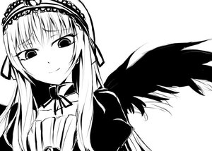 Rating: Safe Score: 0 Tags: 1girl black_wings blush closed_mouth feathered_wings greyscale hairband image long_hair long_sleeves looking_at_viewer monochrome ribbon simple_background smile solo suigintou upper_body white_background wings User: admin