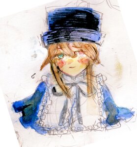 Rating: Safe Score: 0 Tags: 1girl blonde_hair blue_eyes closed_mouth dress frills hat image looking_at_viewer musical_note short_hair solo souseiseki traditional_media upper_body User: admin