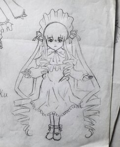 Rating: Safe Score: 0 Tags: 1girl dress drill_hair frills full_body greyscale image long_hair long_sleeves looking_at_viewer monochrome photo shinku solo standing traditional_media very_long_hair User: admin