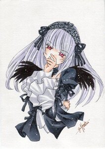 Rating: Safe Score: 0 Tags: 1girl bangs black_dress black_ribbon black_wings covering_mouth dress flower frills hairband hand_to_own_mouth image long_hair long_sleeves looking_at_viewer red_eyes ribbon rose signature silver_hair simple_background solo suigintou traditional_media white_background wings User: admin