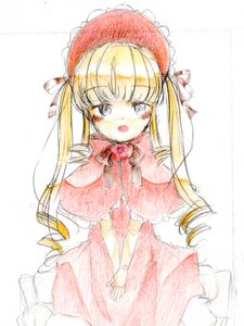 Rating: Safe Score: 0 Tags: 1girl blonde_hair blush bonnet bow bowtie capelet dress drill_hair full_body image long_hair long_sleeves looking_at_viewer open_mouth red_dress shinku simple_background solo standing traditional_media twintails white_background User: admin